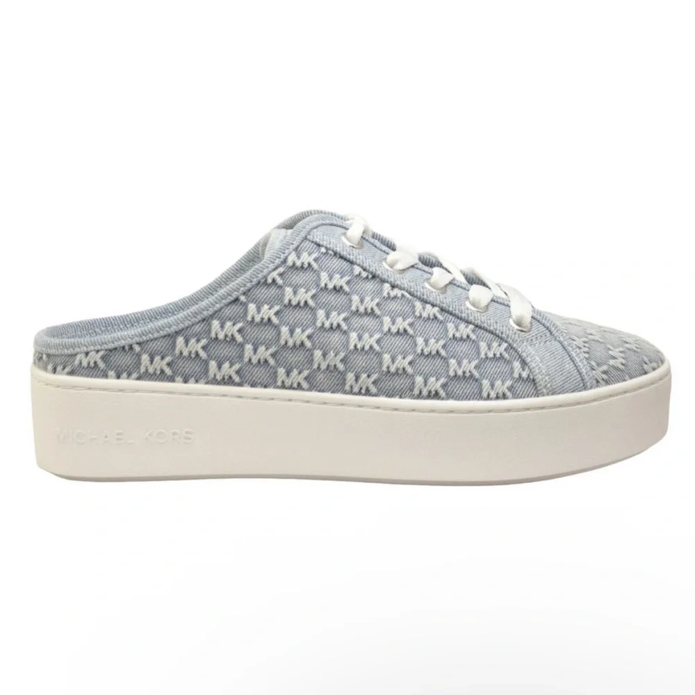 Michael Kors Poppy Slip-On Slide Sneaker MK Debossed Washed Denim Blue Nib 175